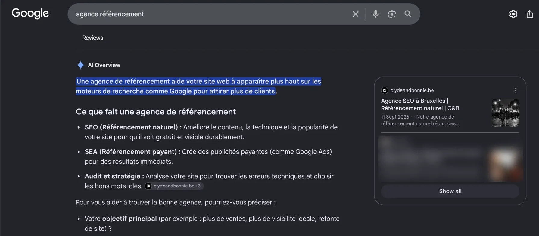 Aperçu IA de Google sur la recherche « agence référencement » : clydeandbonnie.be cité dans la réponse et en tête des sources