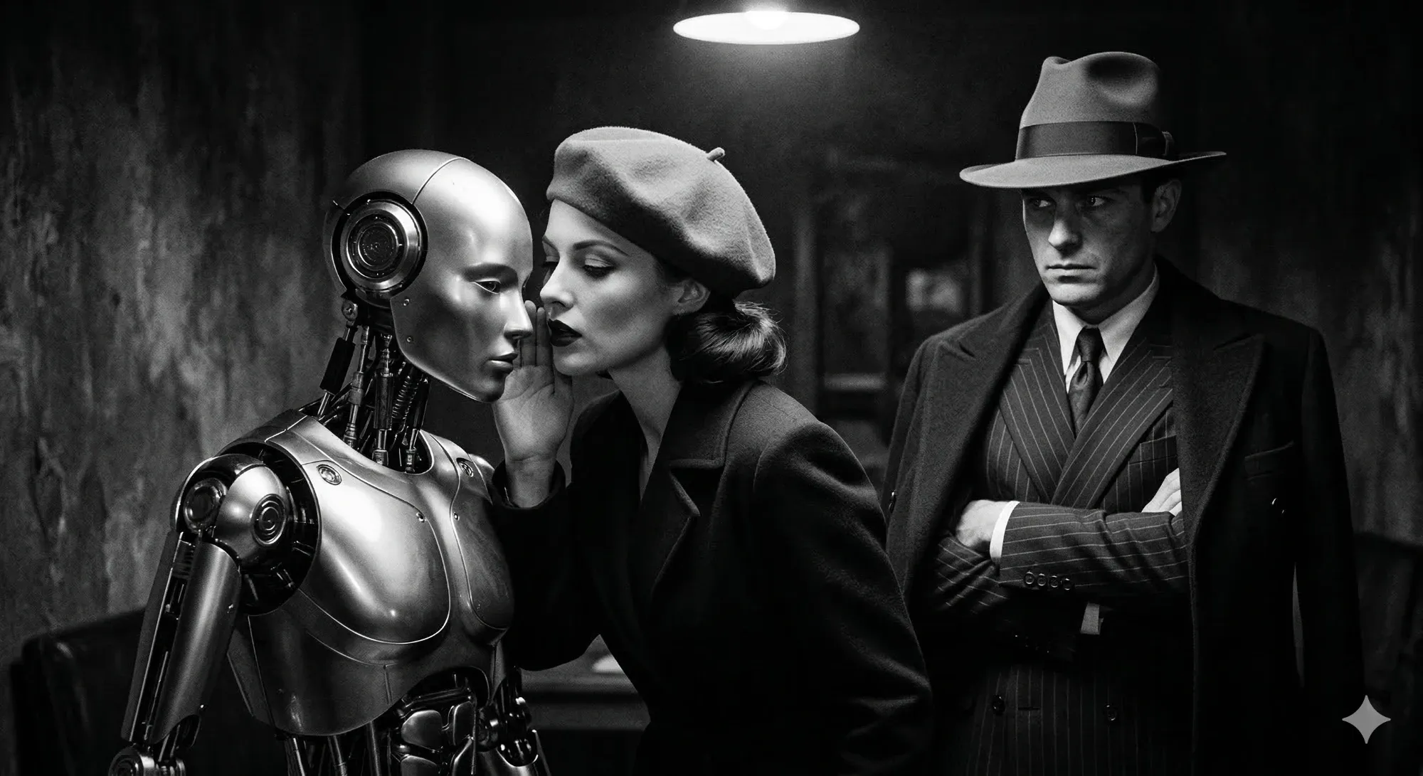 Clyde and Bonnie accompagnés d’un robot, la nuit
