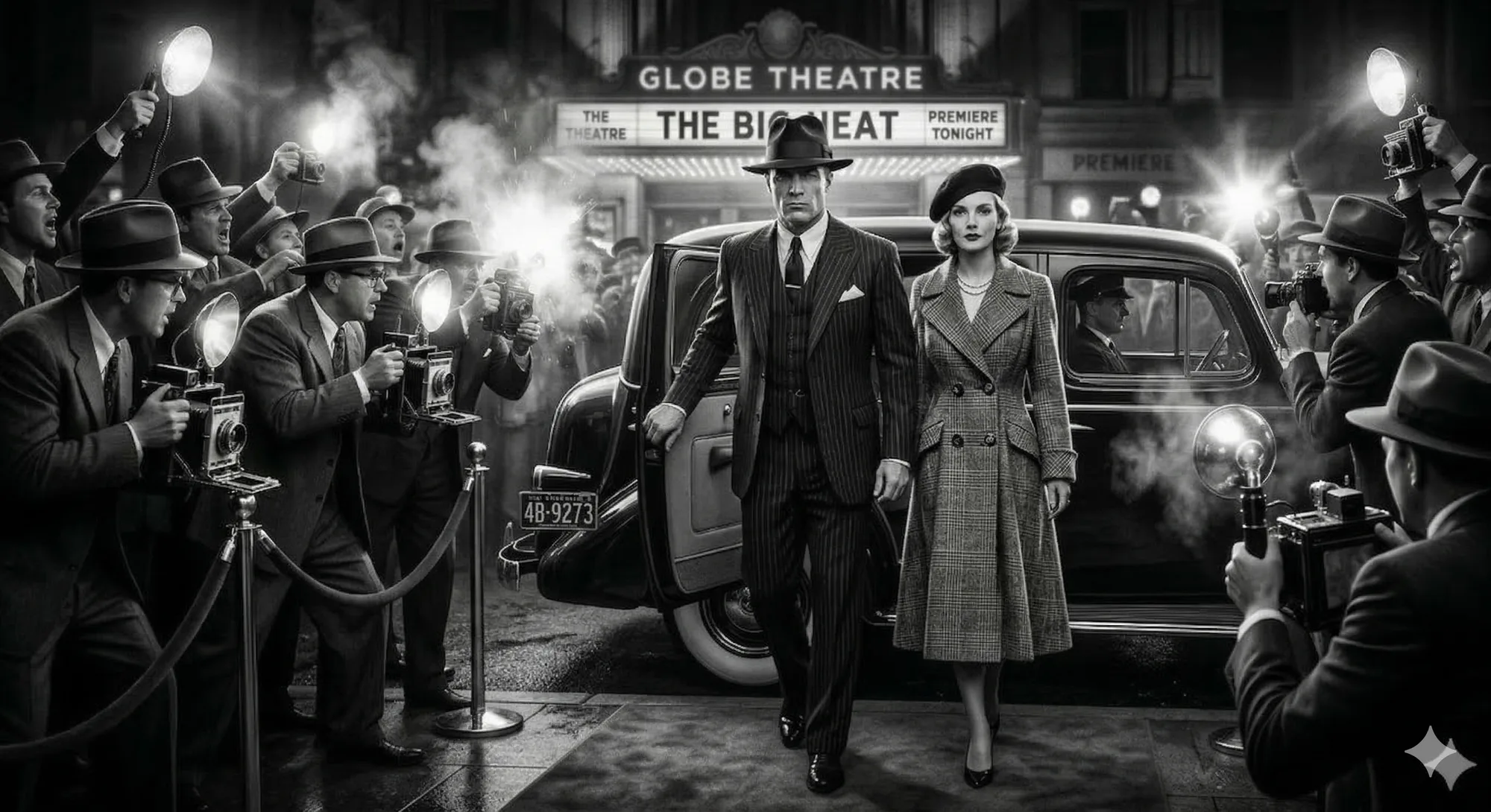 Clyde and Bonnie stepping out of a car into the photographers’ flashes on a premiere night