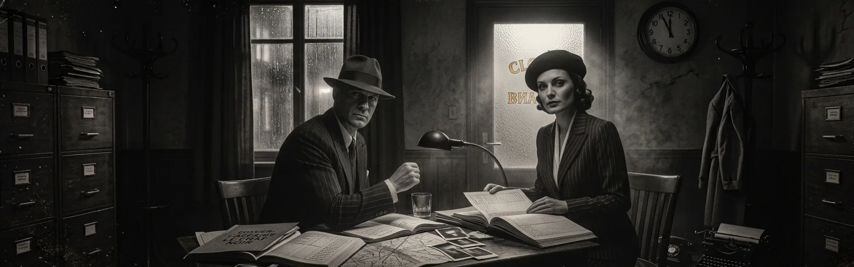 Clyde and Bonnie in their office, files open under the lamp
