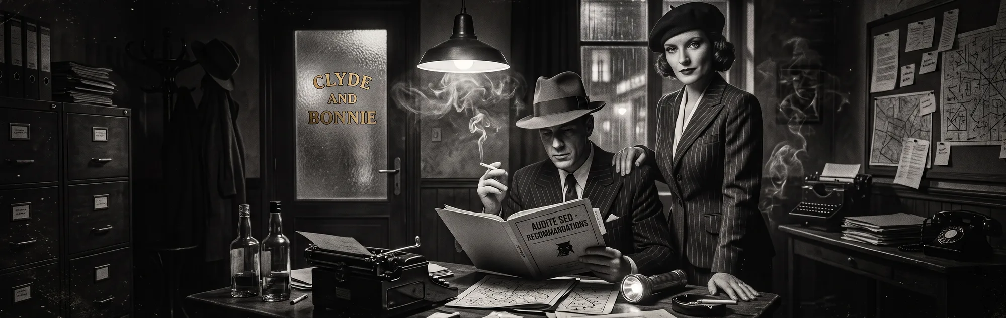 Clyde and Bonnie’s office, an SEO audit report open under the lamp