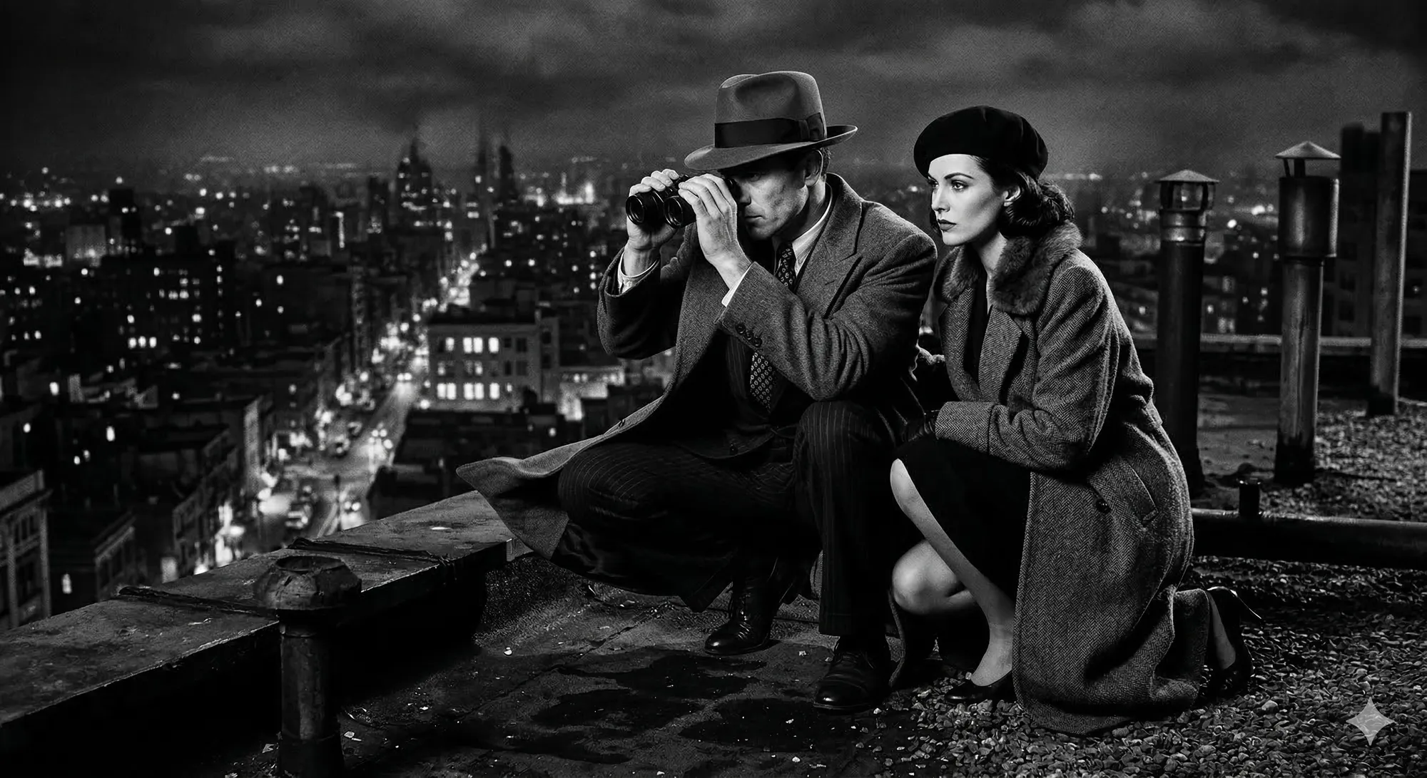 Clyde and Bonnie staking out a rooftop, binoculars up, the city below